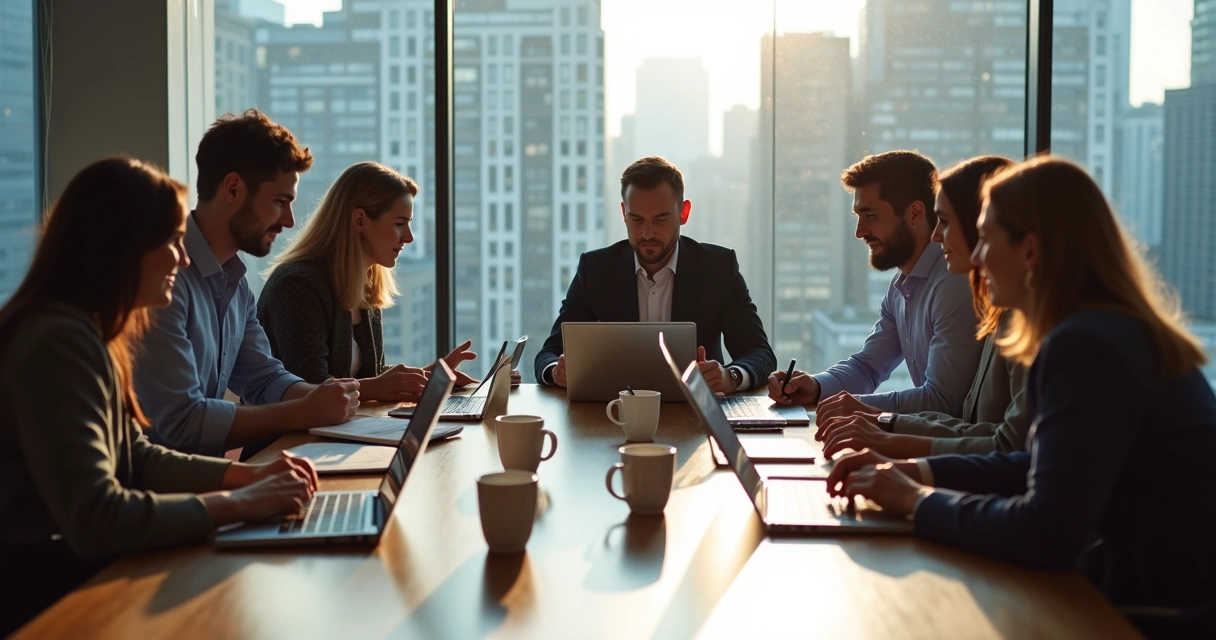 Time reunido ao redor de uma mesa com notebooks e papéis 