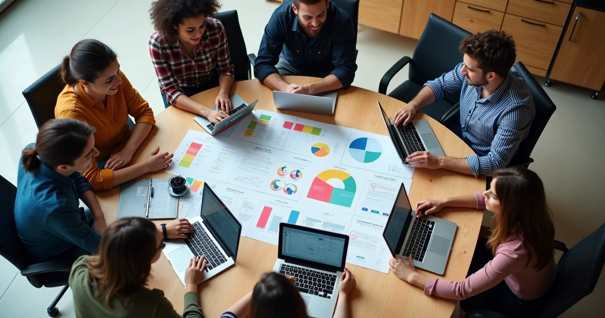 Equipe reunida discutindo estratégias de campanha de marketing digital 