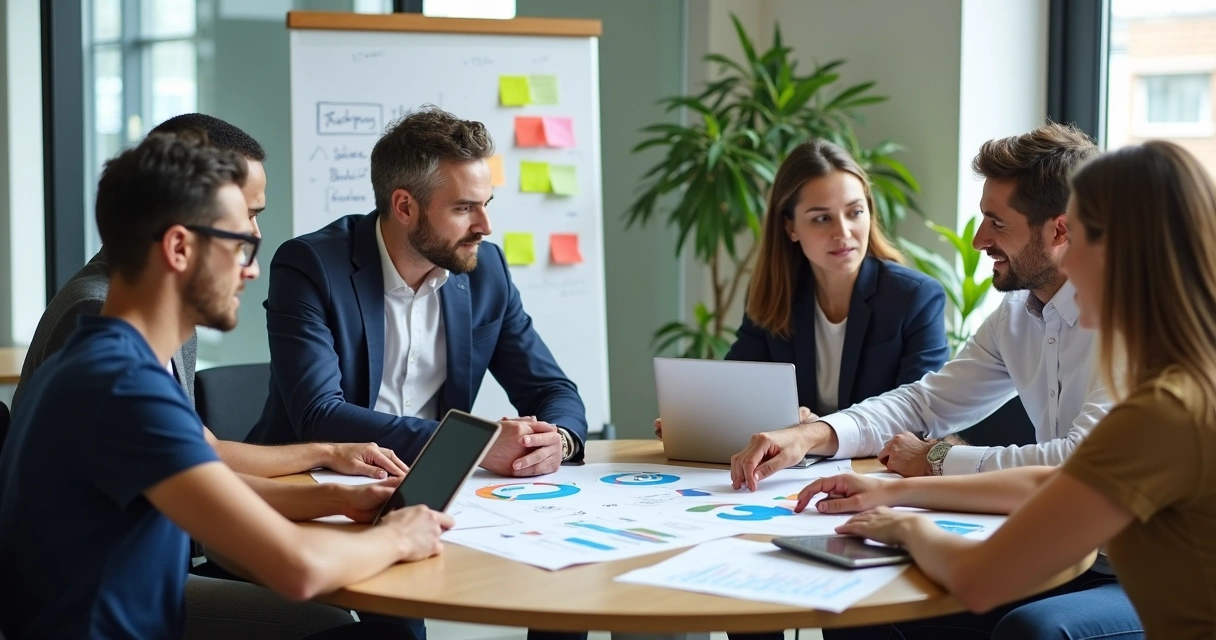 Equipe de trabalho colaborando em reunião 