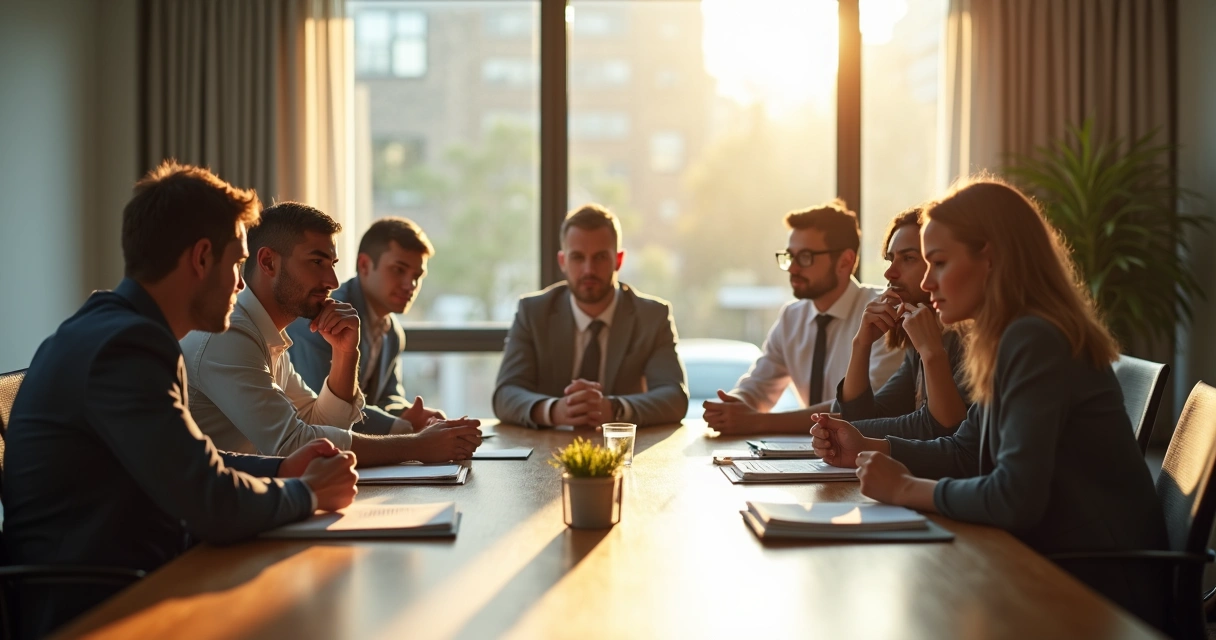 Equipe de trabalho em reunião silenciosa, pessoas refletindo ao redor da mesa 