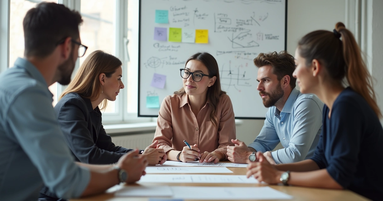Equipe de trabalho reunida em sala de reunião desenvolvendo ideias 