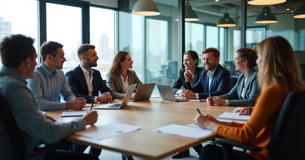 Equipe de trabalho reunida em círculo, discutindo em uma sala iluminada 