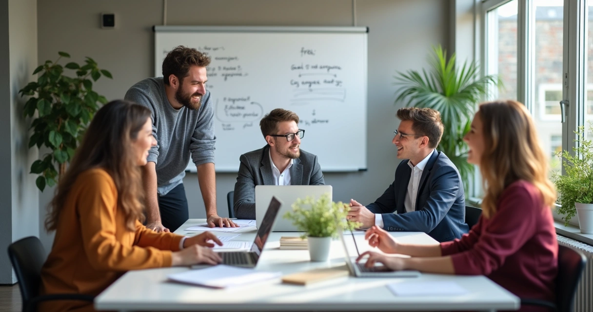 Equipe reunida ao redor de uma mesa de trabalho com expressões de motivação 