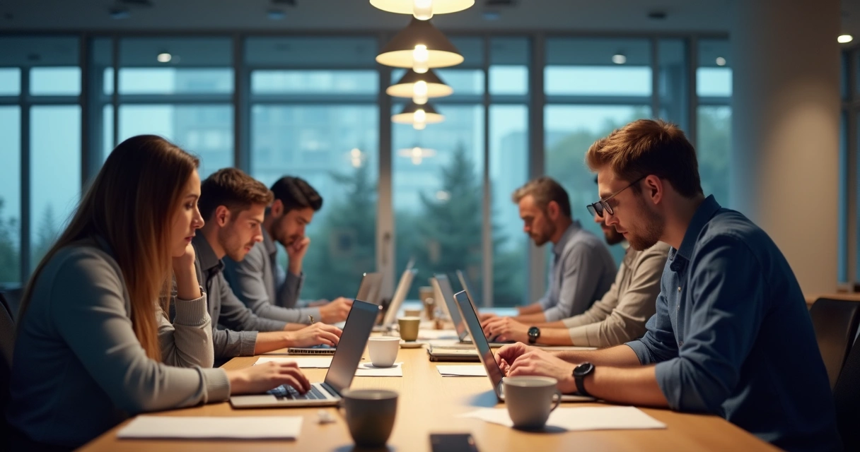 Colegas de equipe trabalhando em mesa em silêncio, ambiente moderno