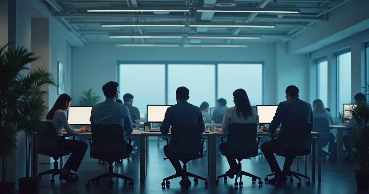 Equipe de trabalho em escritório em silêncio e evitando contato visual.