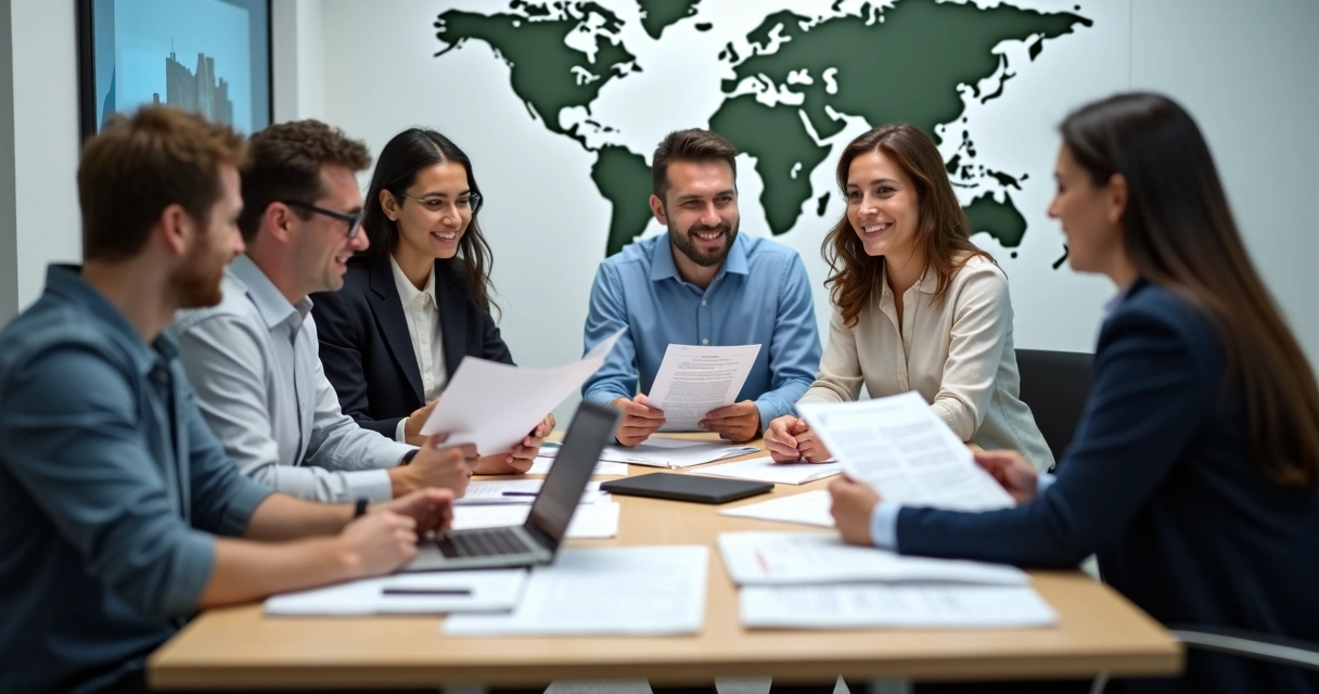 Equipe de tradutores técnicos com diferentes especializações reunida revisando documentos. 