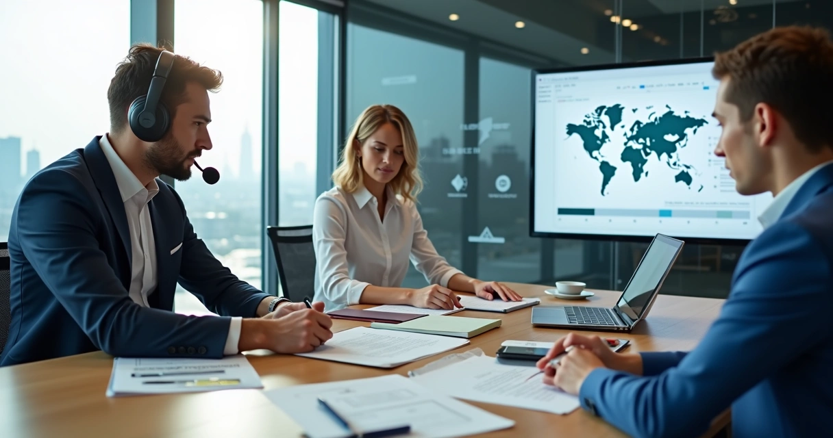 Equipe de tradução profissional trabalhando em escritório moderno com telas e documentos 