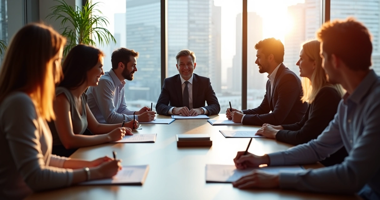 Equipe de tradutores juramentados reunidos em sala de reunião moderna 