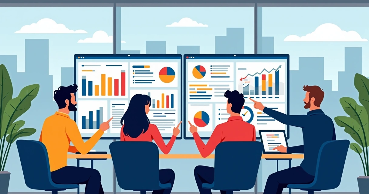 Equipe de marketing analisando gráficos digitais em escritório moderno 