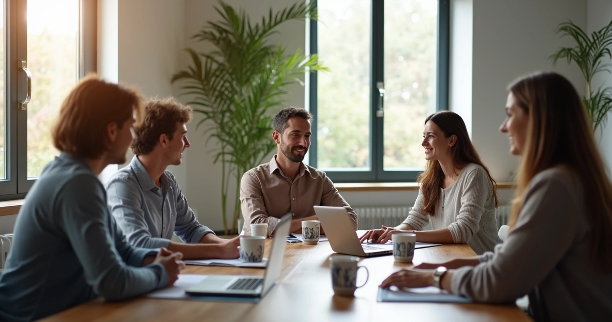 Equipe em reunião de trabalho parecendo tranquila e conectada