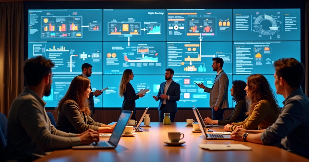 Equipe de diferentes áreas reunida em frente a um grande painel digital de integrações corporativas 