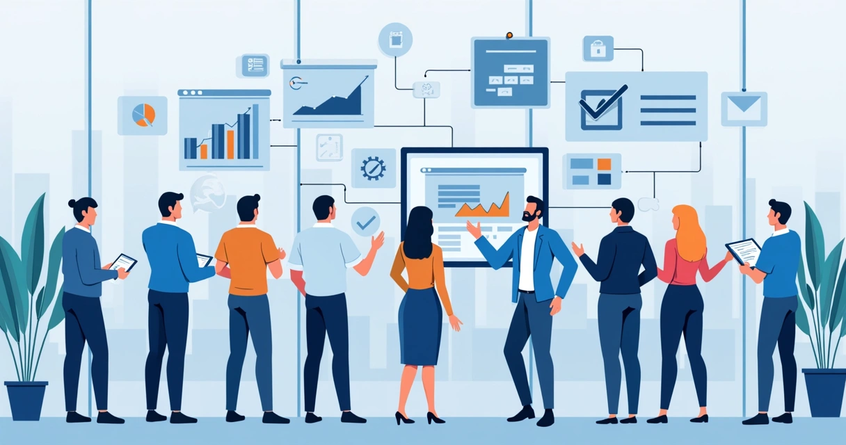 Equipe diversificada analisando dados e fluxos digitais em ambiente corporativo 