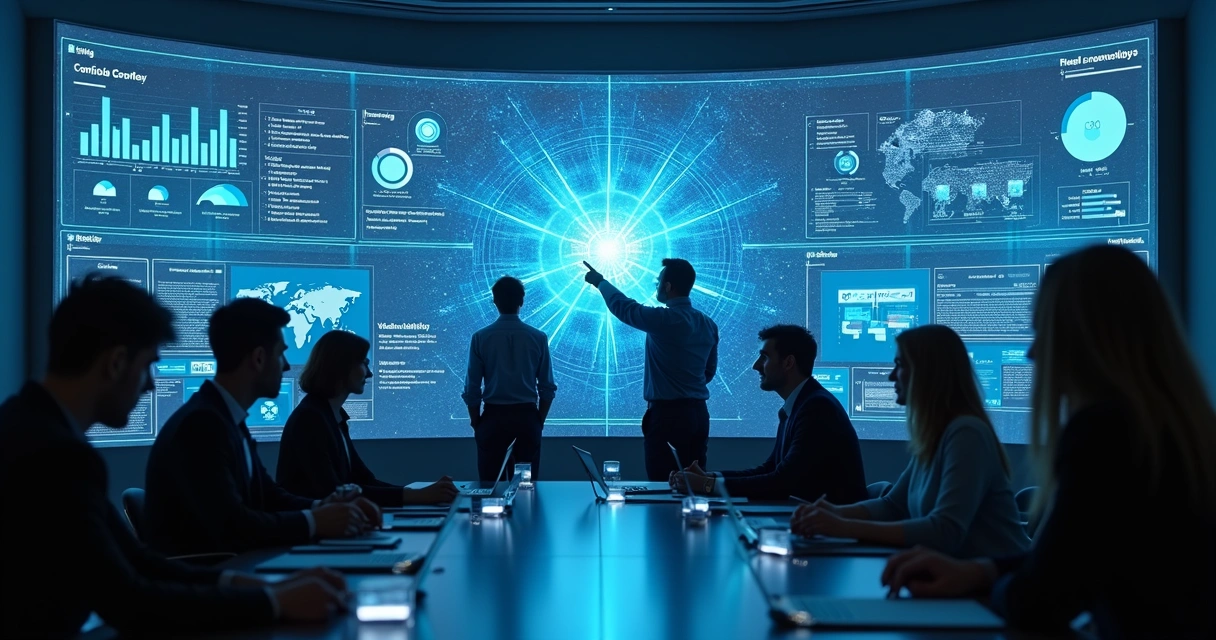 Equipe de profissionais observando gráficos digitais de compliance 