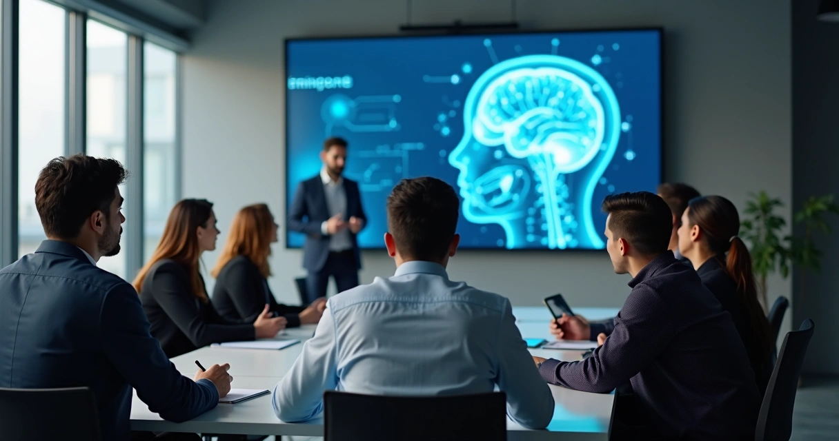 Time de colaboradores aprendendo sobre IA em reunião de escritório 