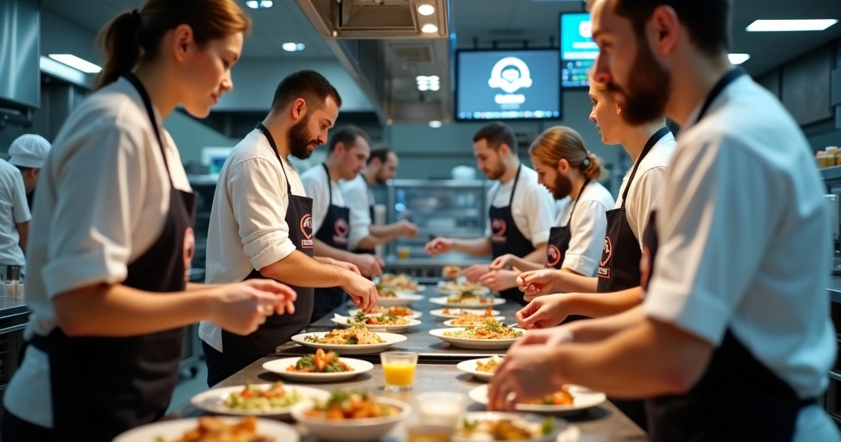 Equipe treinada operando cozinha delivery multimarcas