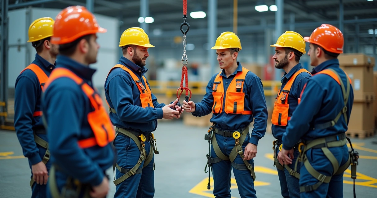 Equipe equipada para treinamento em altura em ambiente industrial