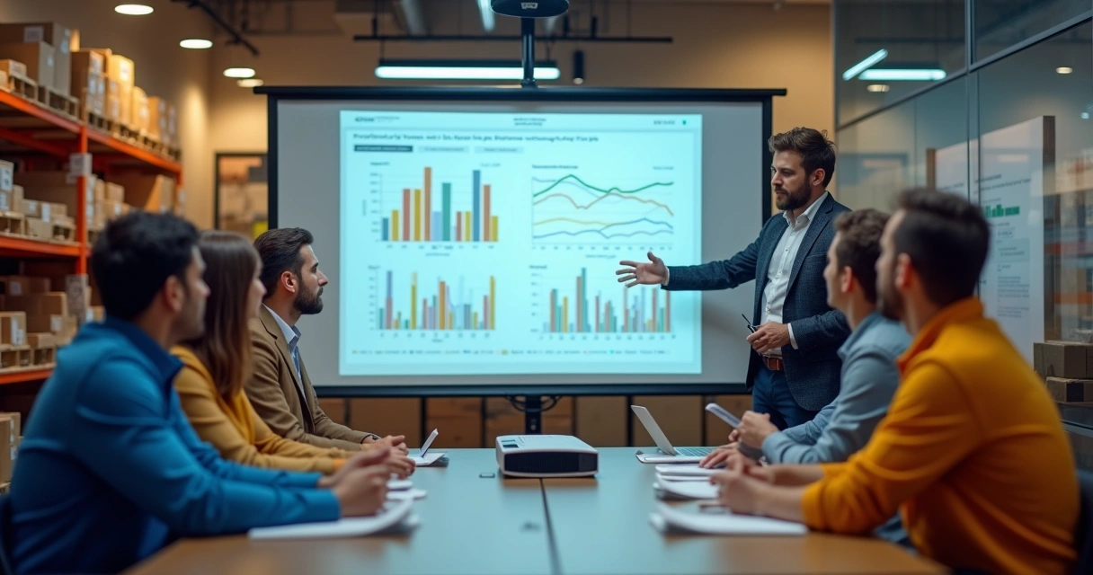 Colaboradores de armazém sendo treinados em sala moderna com sistema digital projetado