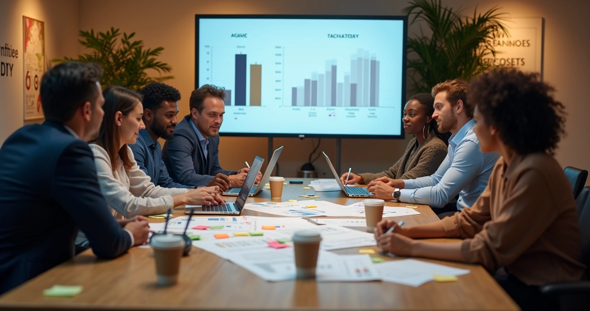 Equipe de T&D avaliando gráficos e dados de treinamento em sala de reunião 