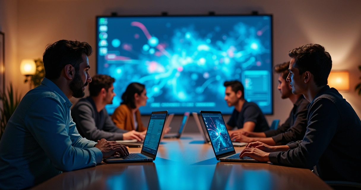Equipe reunida ao redor de computadores usando o Maestrus em escritório corporativo 