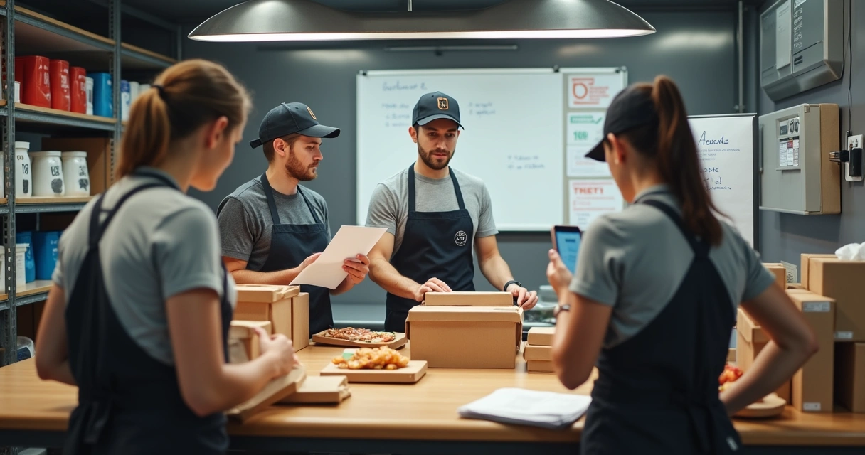 Equipe de restaurante treinando processo de embalagem e despacho 