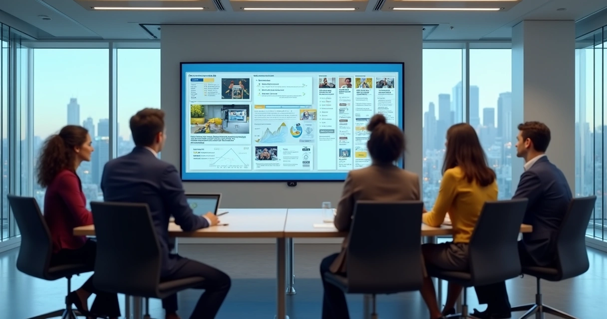 Treinamento digital com equipe reunida em frente a uma tela grande 