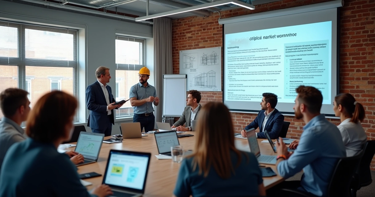 Equipe de construção participando de treinamento digital 