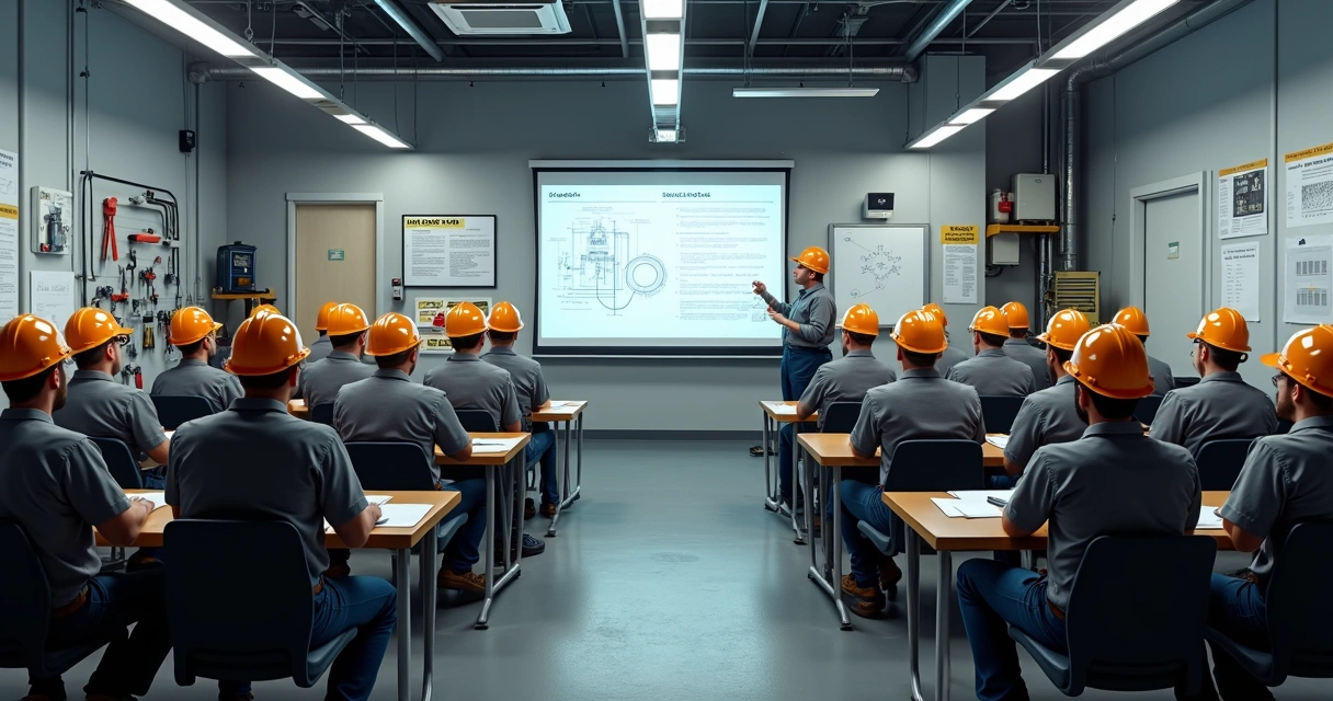 Equipe de trabalhadores industriais recebendo treinamento de segurança elétrica em sala de aula 