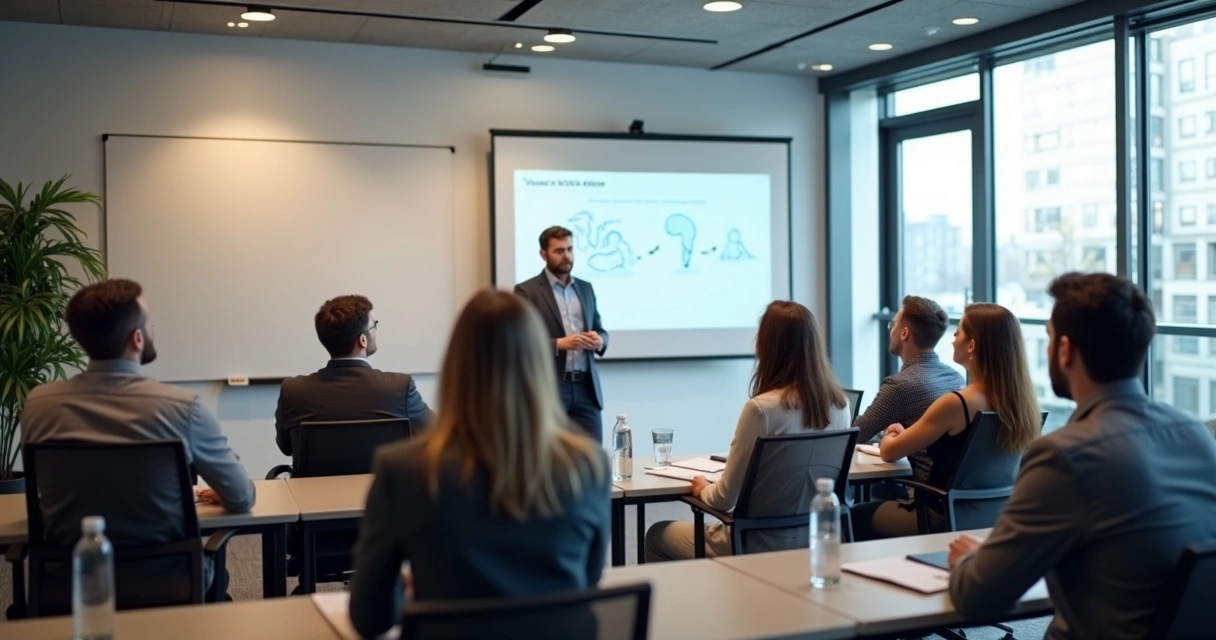Grupo de funcionários assistindo treinamento sobre bem-estar em sala de empresa moderna 