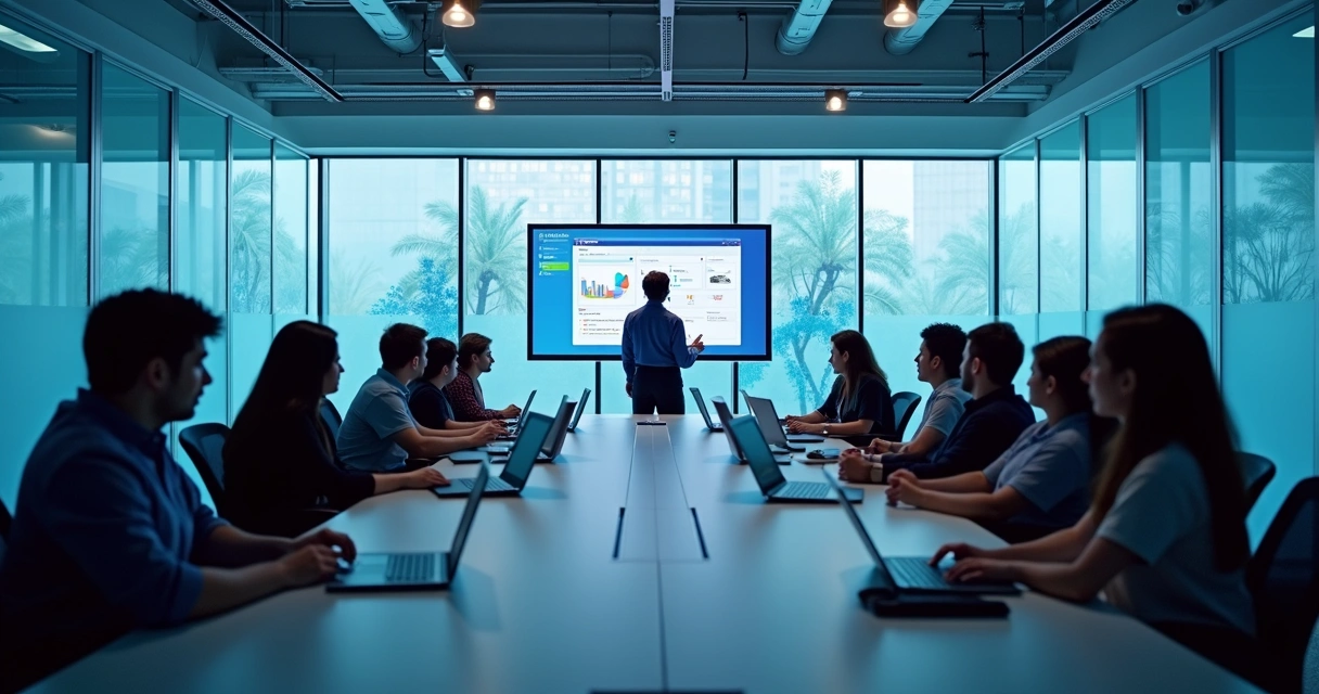 Equipe em treinamento de ERP dentro da empresa 