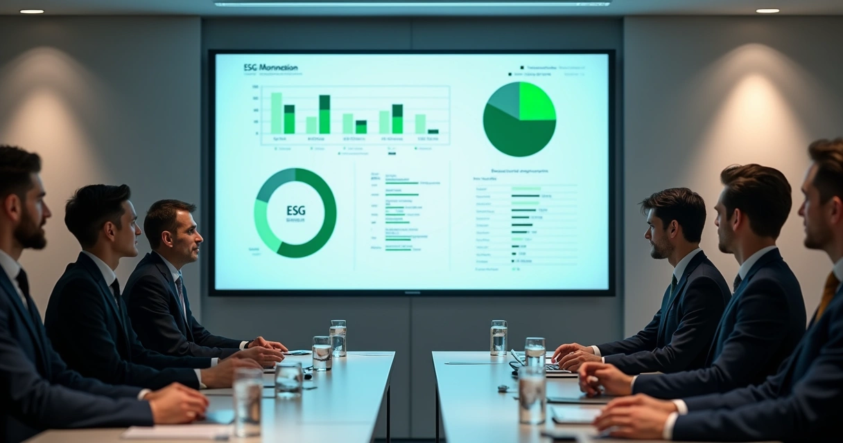 Equipe corporativa reunida em sala de treinamento sobre ESG e compliance