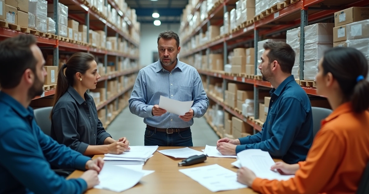 Equipe de estoque durante treinamento de endereçamento com etiquetas 
