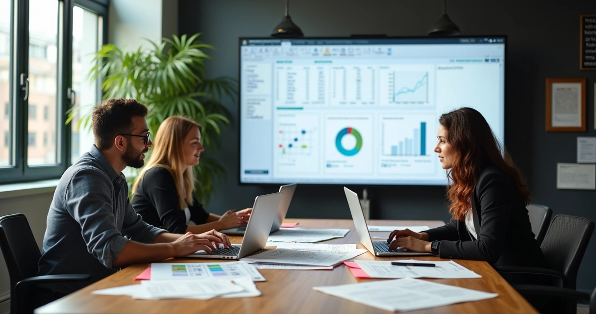 Equipe reunida revisando fórmulas em uma planilha Excel 