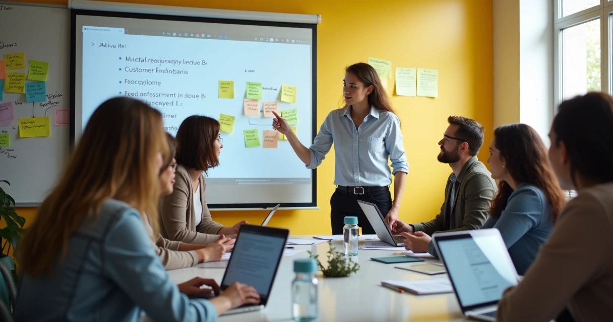 Equipe de treinamento discutindo melhorias baseadas em feedback de clientes. 