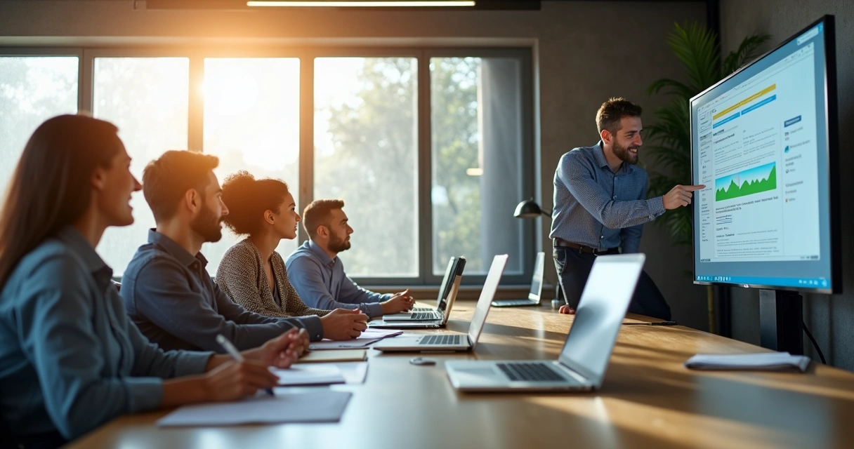 Equipe participando de treinamento de sistema no escritório 