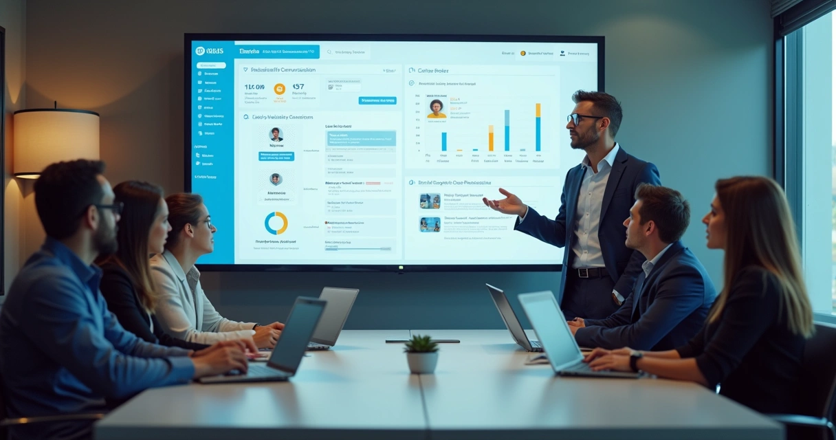 Equipe em treinamento com painel de métricas e assistente virtual 
