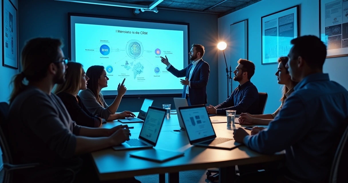 Equipe de vendas e marketing em treinamento prático sobre integração de IA ao CRM 