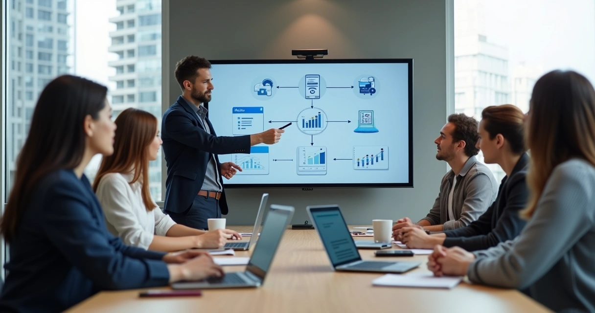 Equipe em treinamento sobre inteligência artificial em sala de reunião moderna 