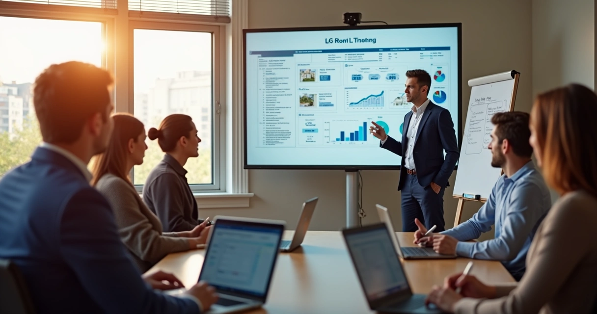 Equipe imobiliária em treinamento com especialista