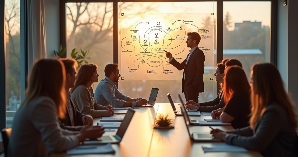 Treinamento de equipe observando modelo sistêmico em parede de vidro 