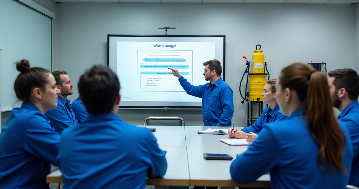 Equipe recebendo treinamento sobre limpeza industrial