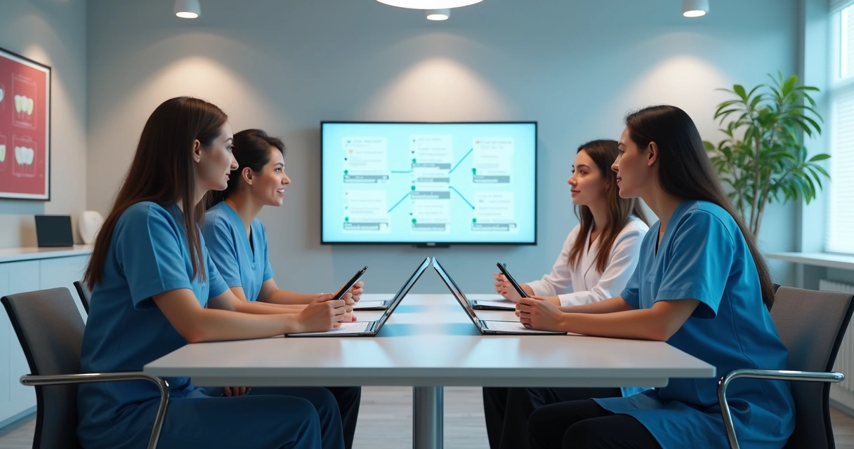 Equipe odontológica em treinamento de atendimento 