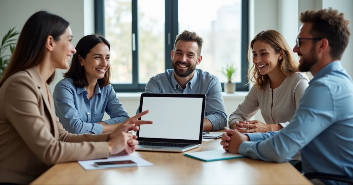 Equipe reunida em torno de computador, participando de treinamento online 