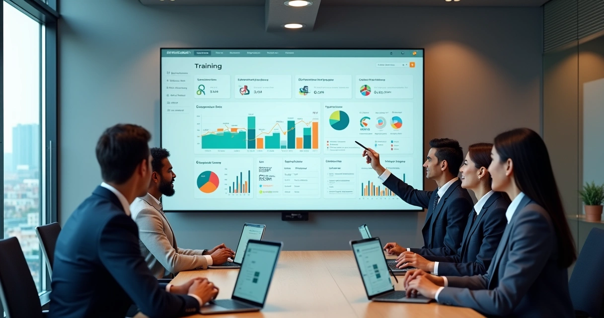 Gestores analisando plataforma de treinamento online em painel corporativo 