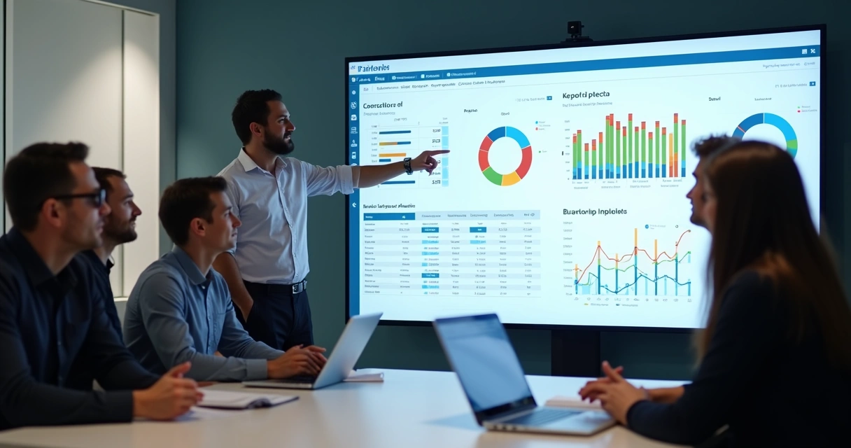 Treinamento de equipe com apresentação de painel Power BI em tela grande. 