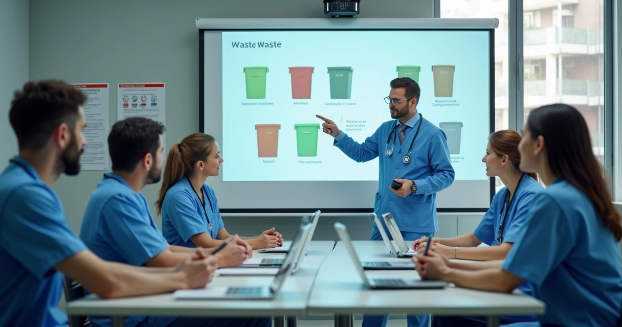 Equipe de profissionais recebendo treinamento sobre resíduos infectantes 