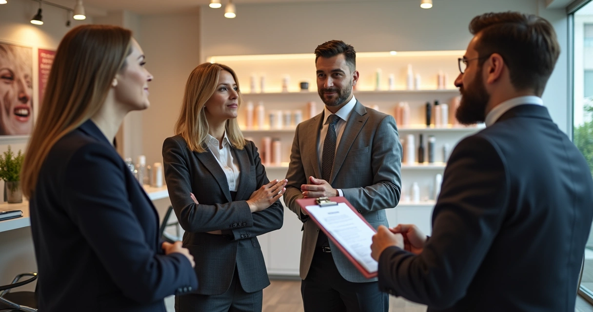 Equipe de clínica de estética praticando simulações de vendas em grupo. 