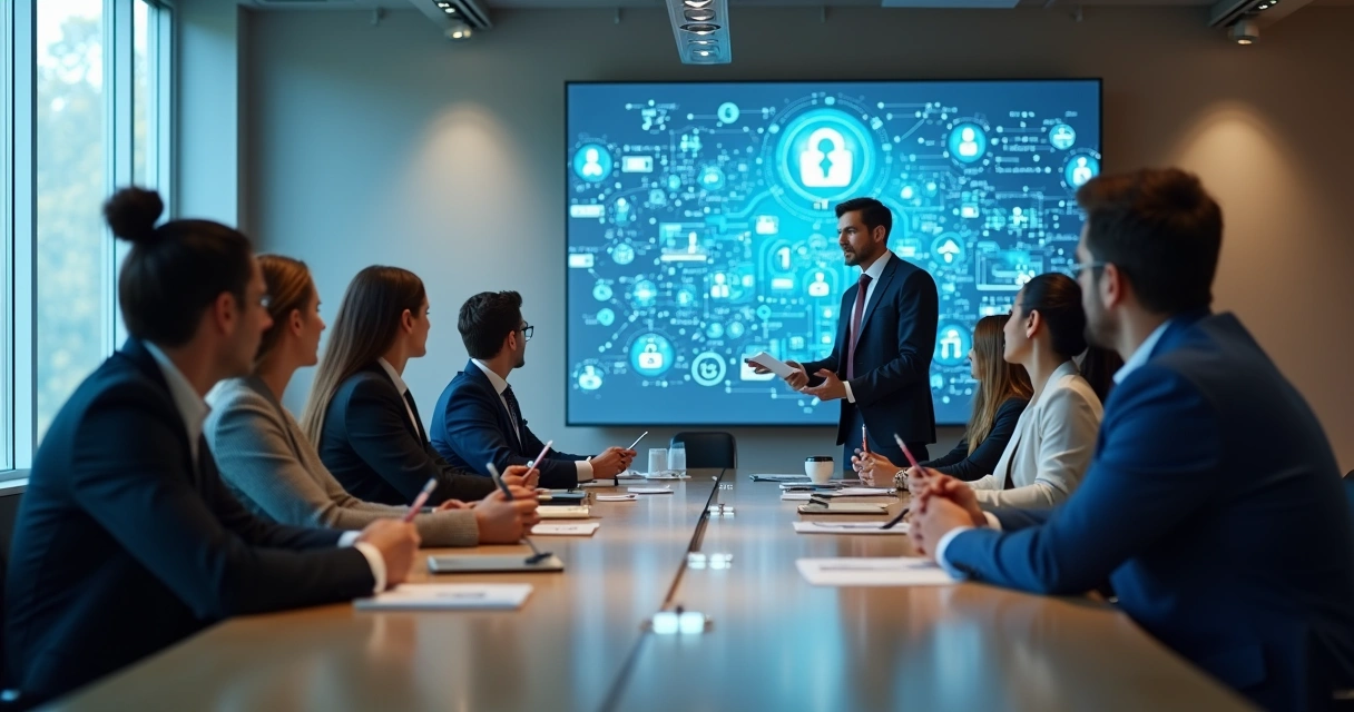 Equipe corporativa em treinamento de segurança digital assistindo apresentação 