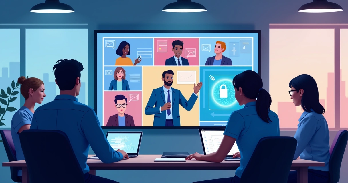 Equipe reunida em sala virtual durante treinamento de segurança digital 