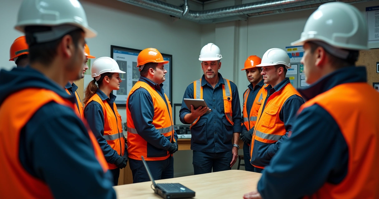 Equipe em treinamento de segurança do trabalho em mineradora 
