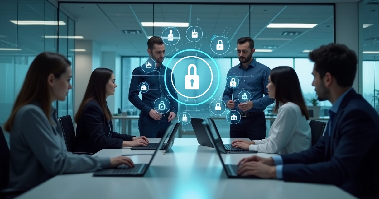 Equipe de TI orientando uso seguro de notebook